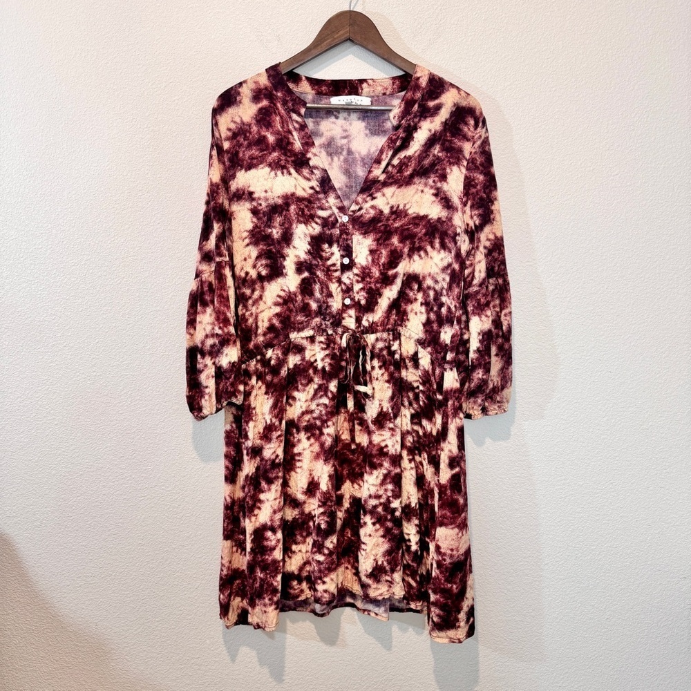 Margaux Riviera Boho Tie Dye Midi Dress Burgundy Peasant Long Sleeve L